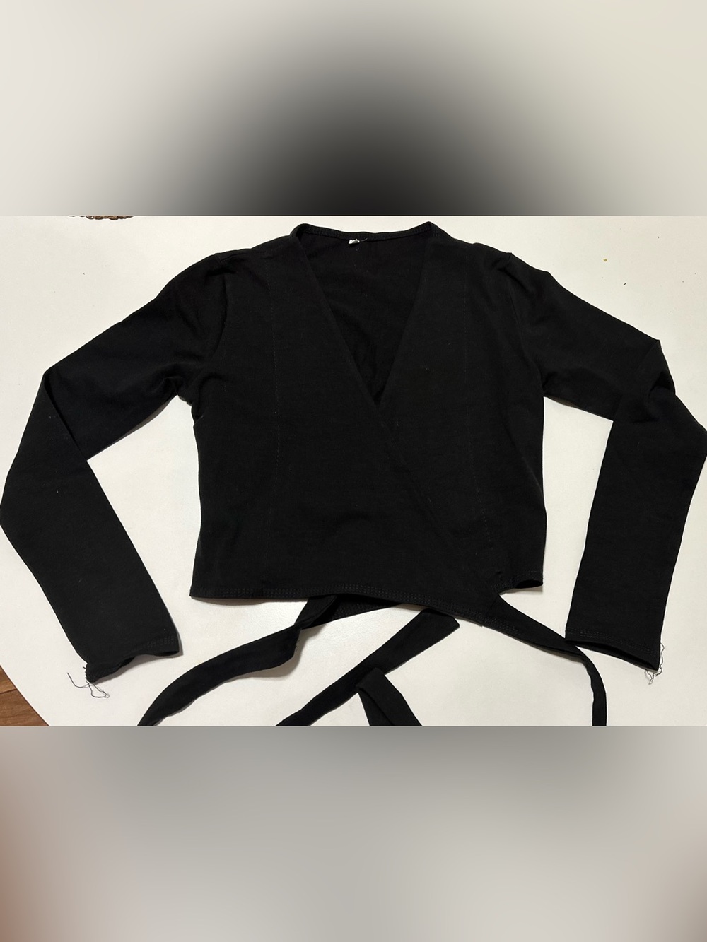 Black Wrap-Front Long Sleeve Crop Top for dance. Size 7-8 years